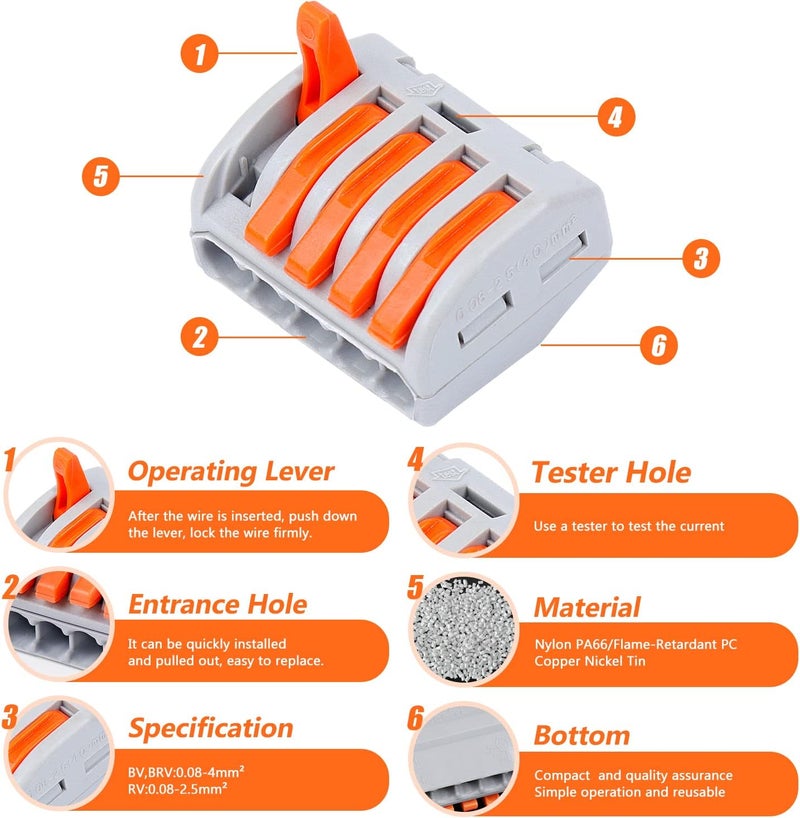 Delgada 165pcs Lever Wire Connectors Nuts 2/3/4/5 Port Compact Quick Splicing Electrical Connectors Kit for Stranded Solid and Flexible Wires - Image 2